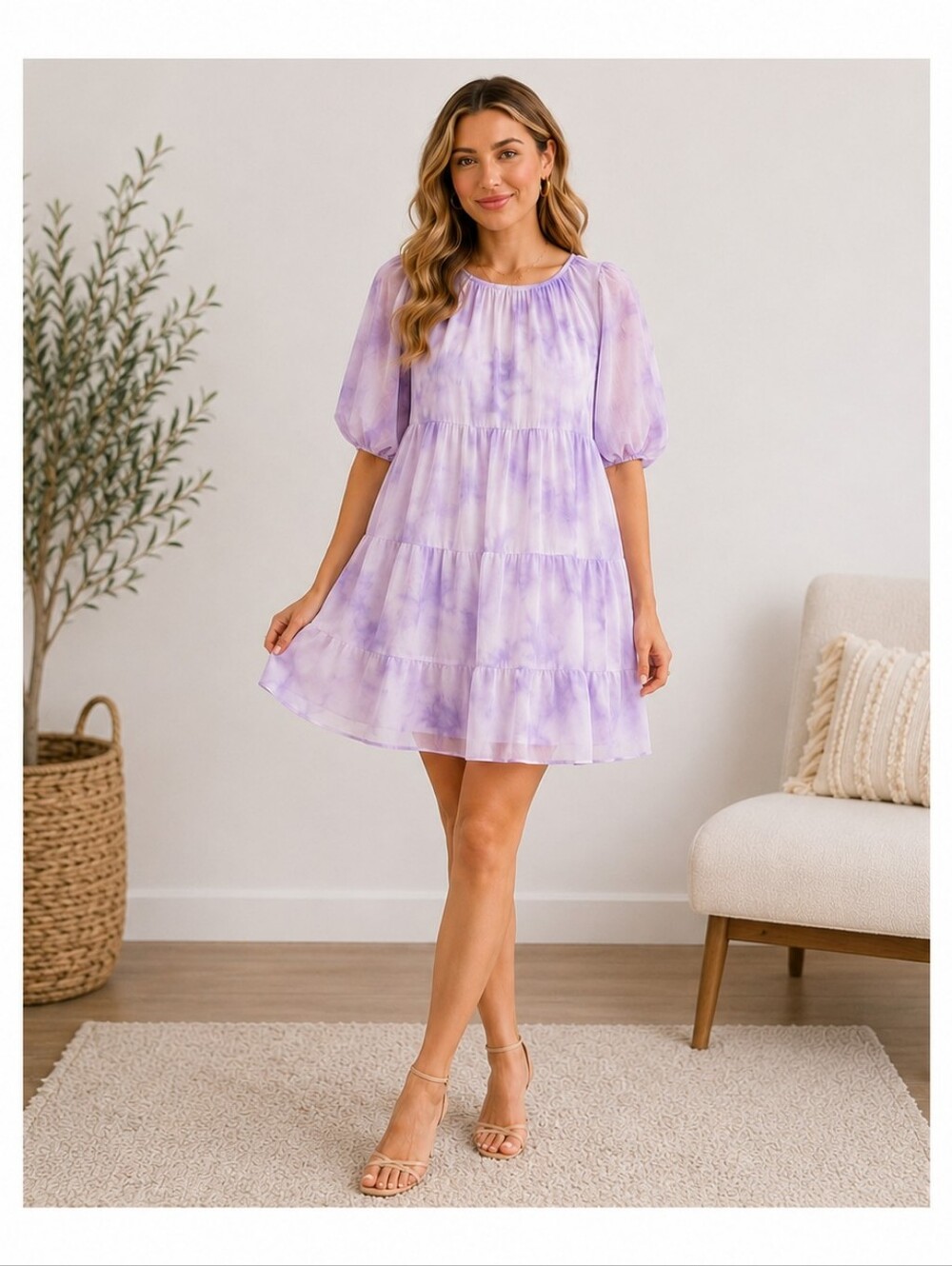A-152 Melloday Lavender Tie Dye Tiered Babydoll Dress Puff Sleeve Medium